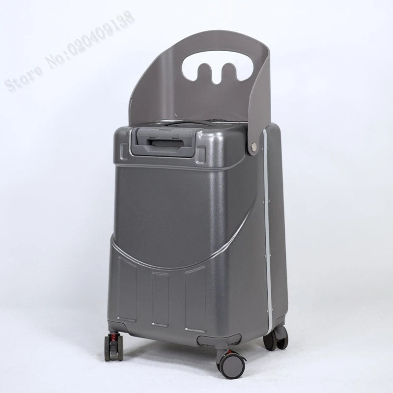 Neuer Kinderkoffer mit Sitz – Aluminiumrahmen, Frontöffnung, Rollkoffer, Aufsitzkoffer für Kinder, 22'' Handgepäck