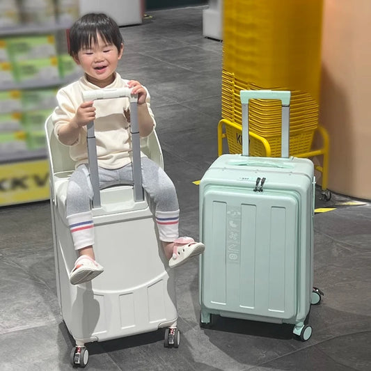 Neuer Kinderkoffer mit Sitz – Aluminiumrahmen, Frontöffnung, Rollkoffer, Aufsitzkoffer für Kinder, 22'' Handgepäck